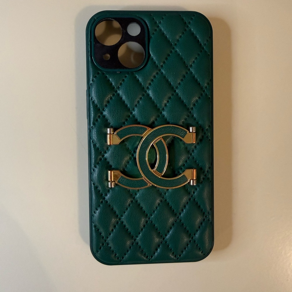 Green Quilted Faux Leather Phone Case with Gold CC Accent, iPhone 14